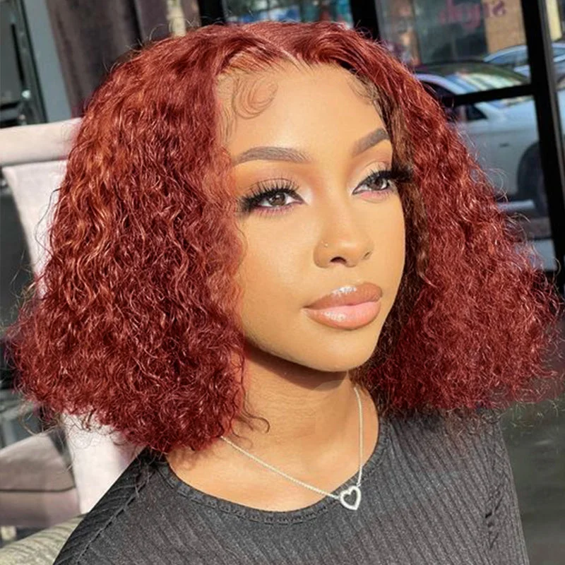 Colored wig with a 150 - density for a full and thick appearance#33 Reddish Brown Curly Bob Wig Auburn Copper Transparent  Lace Human Hair Wig