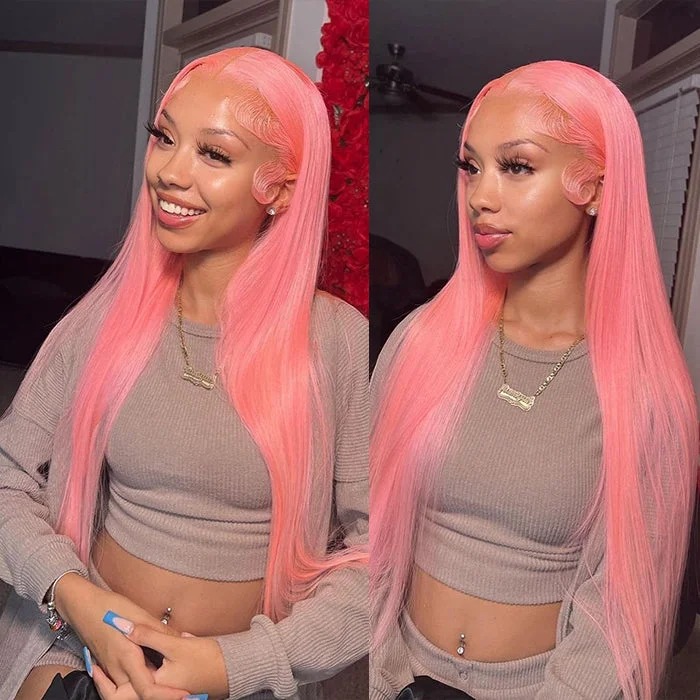 Virgin - human - hair wig with a natural - looking texture for a luxurious feel4x4 Pink Straight Lace Closure Human Hair Wigs Remy Brazilian Human Hair Wigs For Women
