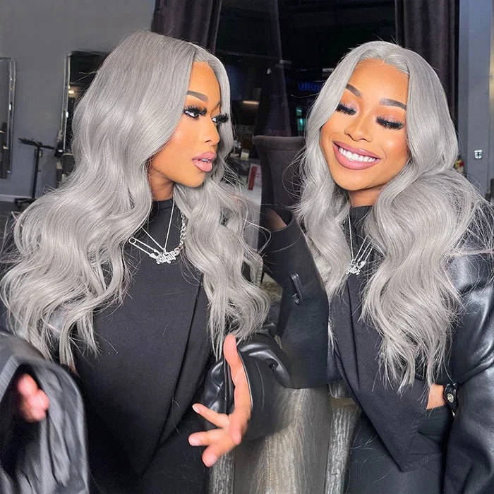 Adjustable - cap human - hair wig for a comfortable fit4x4 Silver Grey Body Wave Brazilian Human Hair Transparent HD Lace Closure Wigs