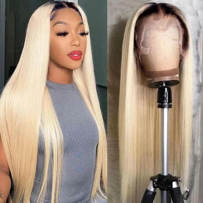 Colored wig with a pre - bleached knot for a natural - looking scalp613 Blond Wig Straight Real Human Hair Wig 1B/613 Color Wigs With Dark Roots Colored wig with a pre - bleached knot for a natural - looking scalp613 Blond Wig Straight Real Human Hair Wig 1B/613 Color Wigs With Dark Roots