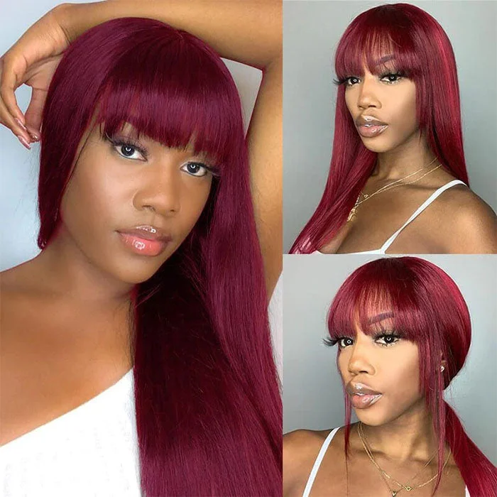 Colored wig with a silver - grey color for a trendy and cool - toned look#99J Burgundy Color Straight Human Hair Wig with Bangs Glueless Top 2x4 HD Lace Wig Colored wig with a silver - grey color for a trendy and cool - toned look#99J Burgundy Color Straight Human Hair Wig with Bangs Glueless Top 2x4 HD Lace Wig