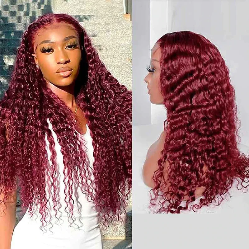 Lace wig with a side - part for a more flattering look99J Burgundy Wig 13×4 Lace Front Wigs Deep Wave Human Hair Wigs Lace wig with a side - part for a more flattering look99J Burgundy Wig 13×4 Lace Front Wigs Deep Wave Human Hair Wigs