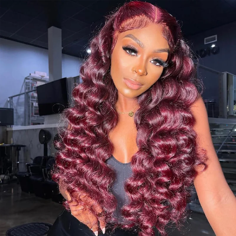 Lace wig with a pre - bleached knot for a natural - looking scalp99J Burgundy Wig 13×4 Lace Frontal Wigs Loose Deep Wave Human Hair Lace wig with a pre - bleached knot for a natural - looking scalp99J Burgundy Wig 13×4 Lace Frontal Wigs Loose Deep Wave Human Hair