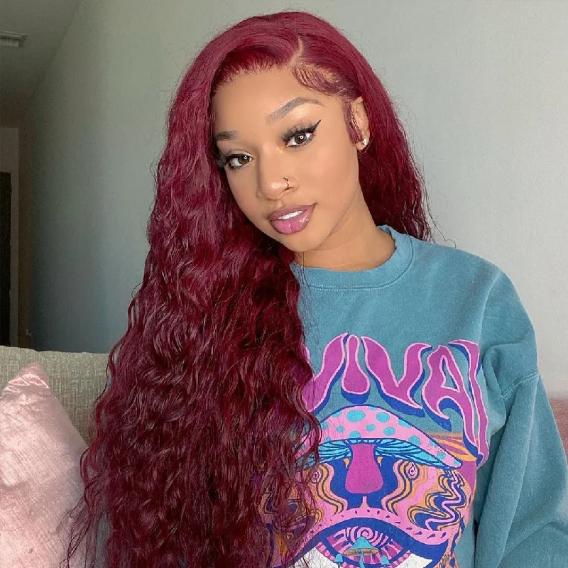 Lace wig with a honey - blonde color for a warm and sunny appearance99J Burgundy Wig 13×4 Real HD Lace Frontal Wigs Water Wave Human Hair Lace wig with a honey - blonde color for a warm and sunny appearance99J Burgundy Wig 13×4 Real HD Lace Frontal Wigs Water Wave Human Hair
