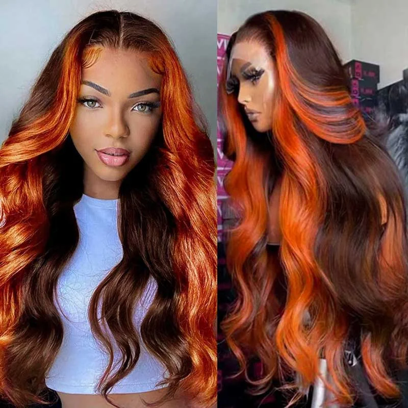 Colored wig in a vibrant pink color for a bold and eye - catching lookAlibonnie 13x6 Lace Front Ginger Highlight Body Wave Human Hair Transparent Lace Wigs