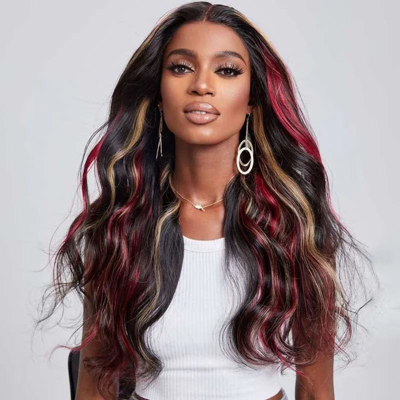 Colored wig with a pre - plucked hairline for a more natural lookAlibonnie Black Hair With Red & Blonde Highlights Wigs Body Wave 13x4 Transparent Lace Front Wigs Colored wig with a pre - plucked hairline for a more natural lookAlibonnie Black Hair With Red & Blonde Highlights Wigs Body Wave 13x4 Transparent Lace Front Wigs