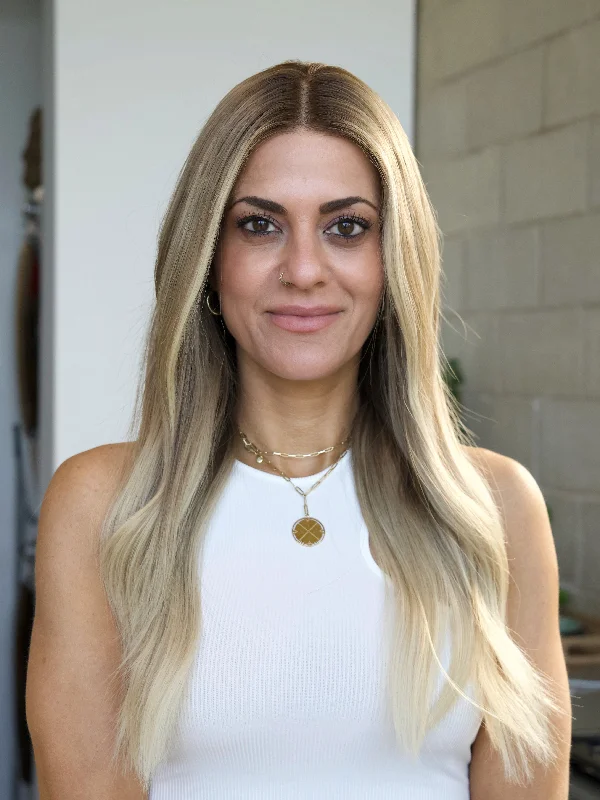 Lace wig with a side - swept bang for a sophisticated lookAlison (Dark Root) Glueless 2.0 Lace Top Wig, 26" length Lace wig with a side - swept bang for a sophisticated lookAlison (Dark Root) Glueless 2.0 Lace Top Wig, 26" length