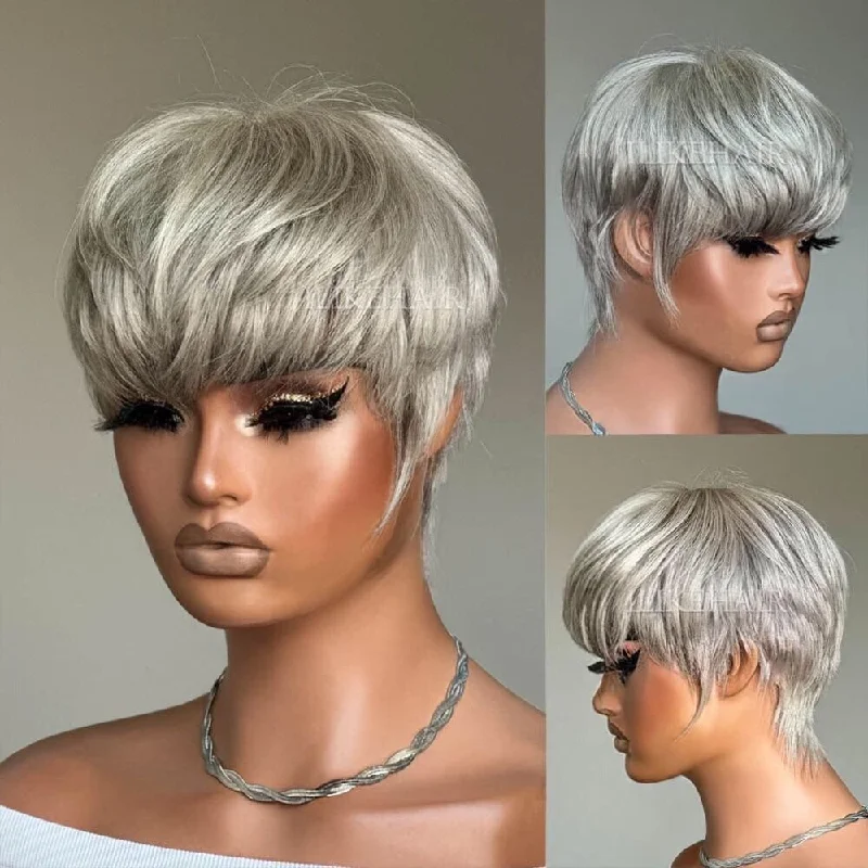 Colored wig with a blue - green ombre effect for a unique and trendy appearanceAsh Grey Layered Pixie Cut Glueless Human Hair Wig With Bangs Colored wig with a blue - green ombre effect for a unique and trendy appearanceAsh Grey Layered Pixie Cut Glueless Human Hair Wig With Bangs