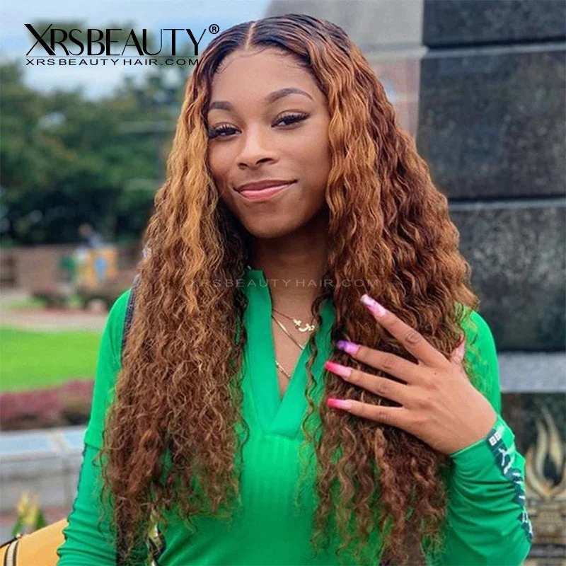Colored wig with a 150 - density for a full and thick appearanceAuburn Ombre Natural Curly Human Hair 13x4 Front Lace Wig [CFW50]