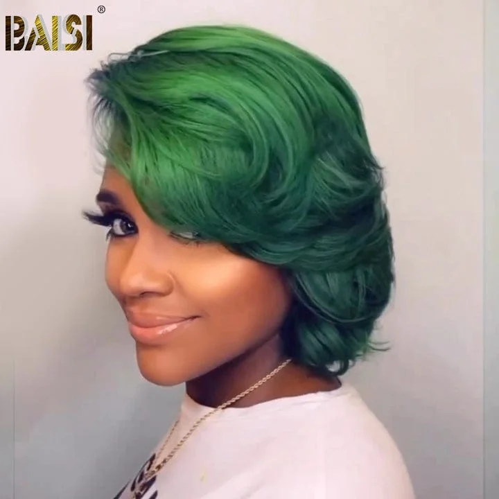 Bob wig with a curly fringe for a playful and youthful vibeBAISI Fashion Side Part Dark Green Wig Bob wig with a curly fringe for a playful and youthful vibeBAISI Fashion Side Part Dark Green Wig