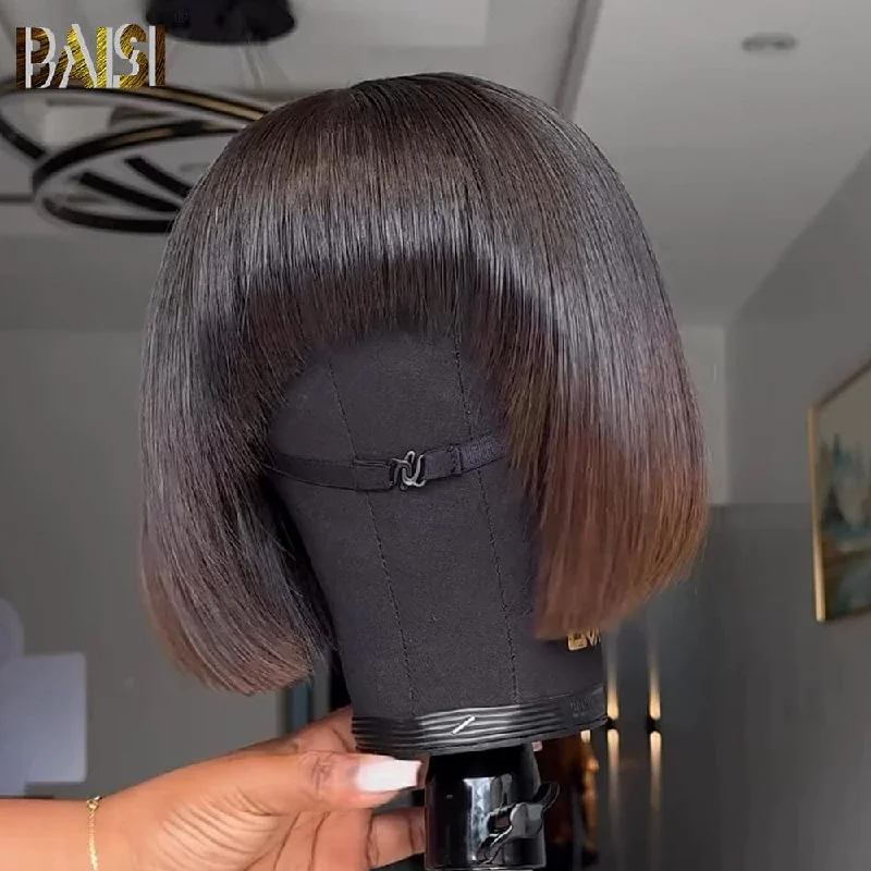 Adjustable - cap bob wig for a comfortable fitBaisi Machine Made Double Drawn 1b/30 Straight Bang Wig Adjustable - cap bob wig for a comfortable fitBaisi Machine Made Double Drawn 1b/30 Straight Bang Wig