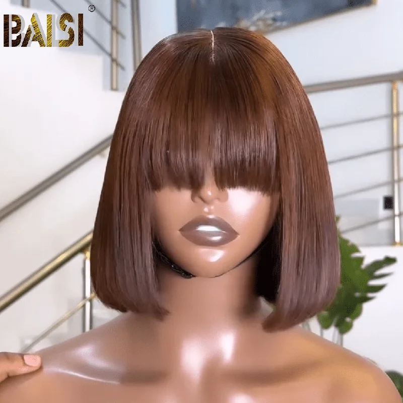 Bob wig with auburn highlights for a warm and vibrant appearanceBaisi Machine Made Double Drawn Brown Straight Bang Wig Bob wig with auburn highlights for a warm and vibrant appearanceBaisi Machine Made Double Drawn Brown Straight Bang Wig