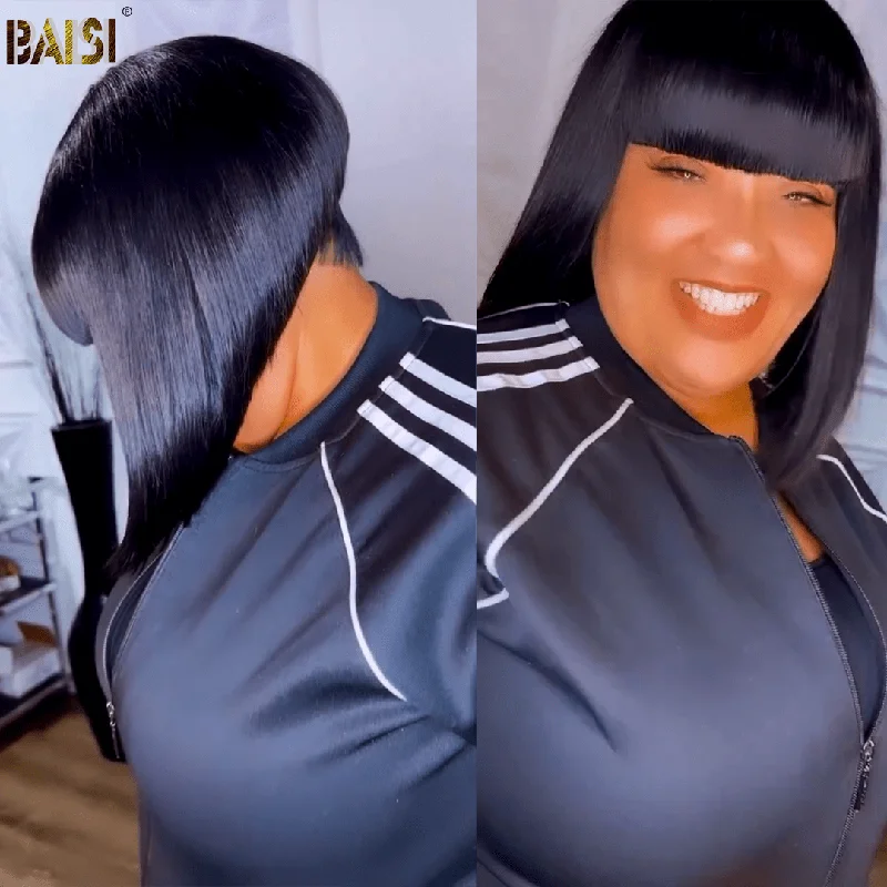 Bob wig with a pre - plucked hairline for a more natural lookBaisi Machine Made Double Drawn Cool Style Wig Bob wig with a pre - plucked hairline for a more natural lookBaisi Machine Made Double Drawn Cool Style Wig