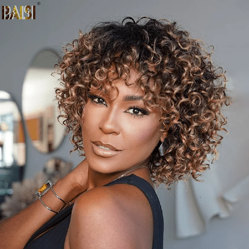 Short - bob wig for a super - sleek and minimalist styleBaisi Machine Made Honey Brown Curly Bang Wig Short - bob wig for a super - sleek and minimalist styleBaisi Machine Made Honey Brown Curly Bang Wig