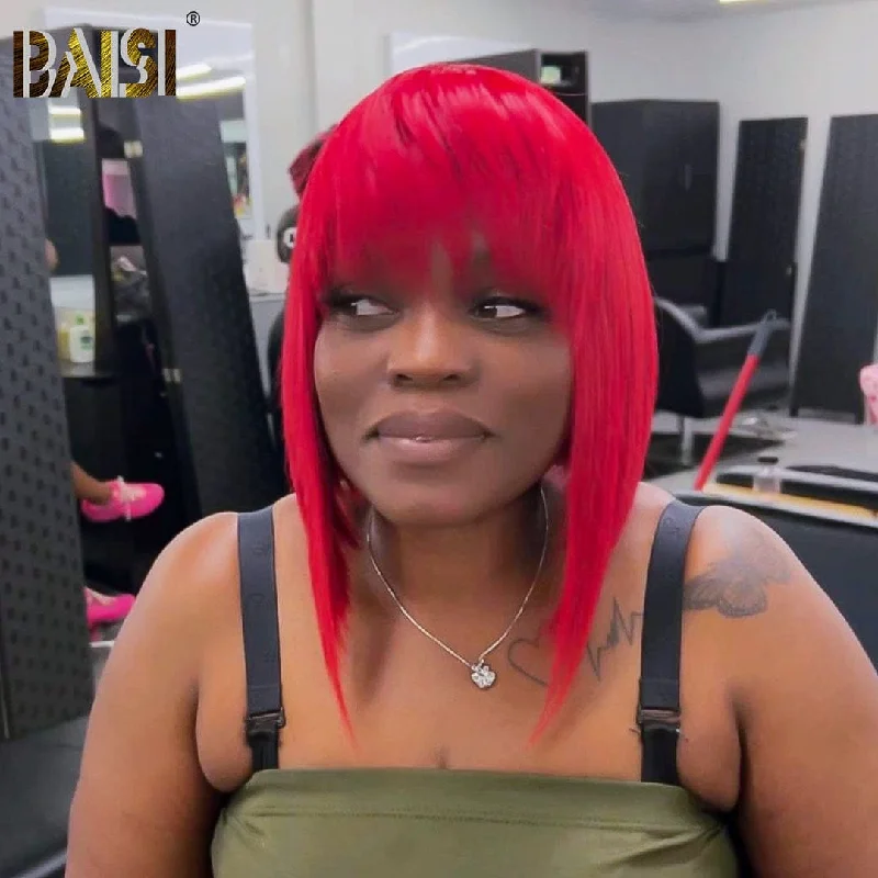 Bob wig in a jet - black color for a classic appearanceBaisi Machine Made Perfect Cut Red Straight With Bang Wig Bob wig in a jet - black color for a classic appearanceBaisi Machine Made Perfect Cut Red Straight With Bang Wig