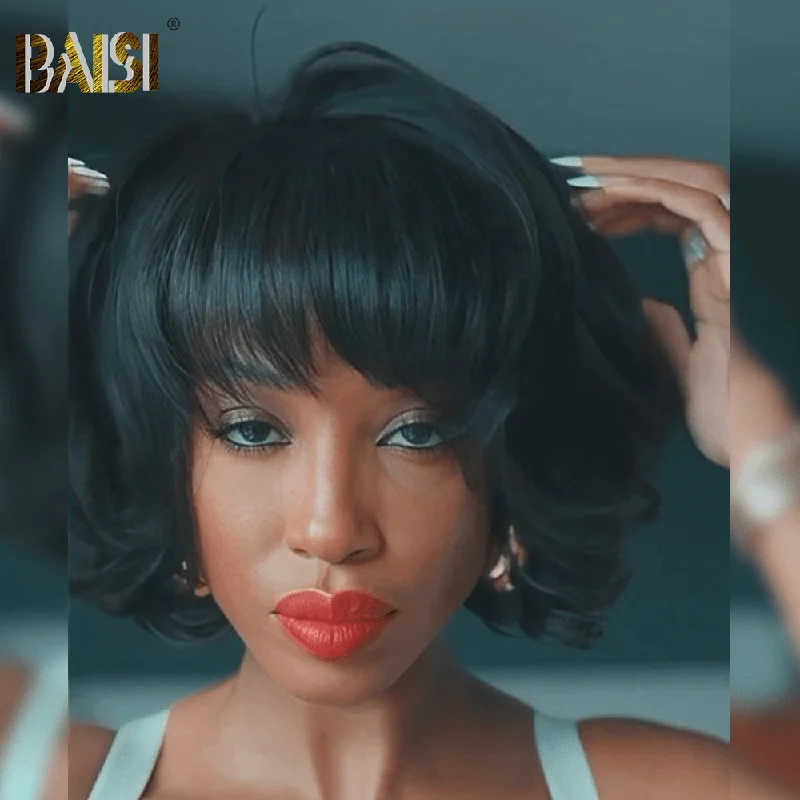 Synthetic bob wig with a natural - looking textureBaisi Machine Made Wavy With Bang BoB Wig