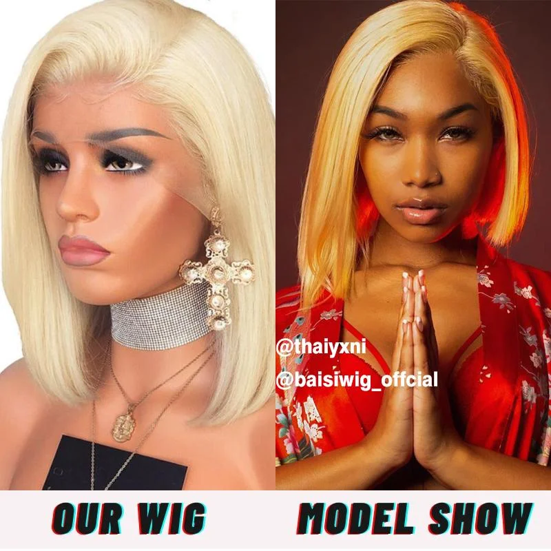 Bob wig with a blunt cut for a modern and edgy styleBAISI MODEL SHOW, Click to Get Same Wig ( Blonde 613# Lace Frontal Bob )