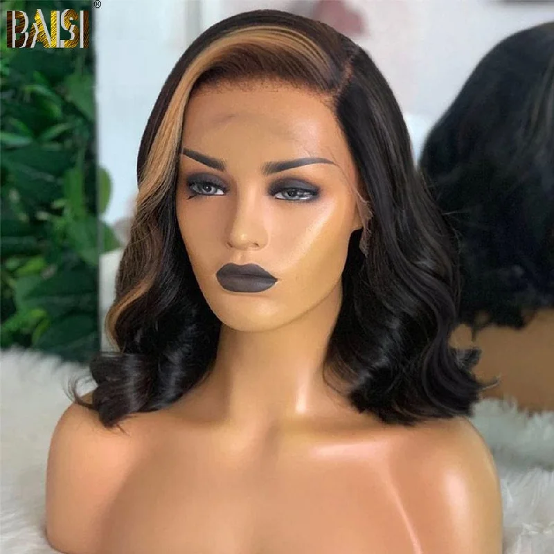 Bob wig for daily wear with a low - maintenance designBAISI Short BoB Wavy Wig With Blonde Highlights In Front Bob wig for daily wear with a low - maintenance designBAISI Short BoB Wavy Wig With Blonde Highlights In Front
