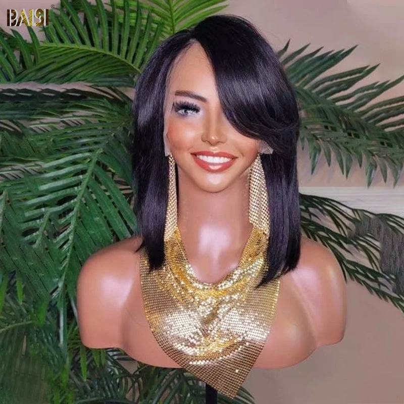 Bob wig in a jet - black color for a classic appearanceBAISI Swoop Bang Hairstyle Bob Cut  Lace Front Wig