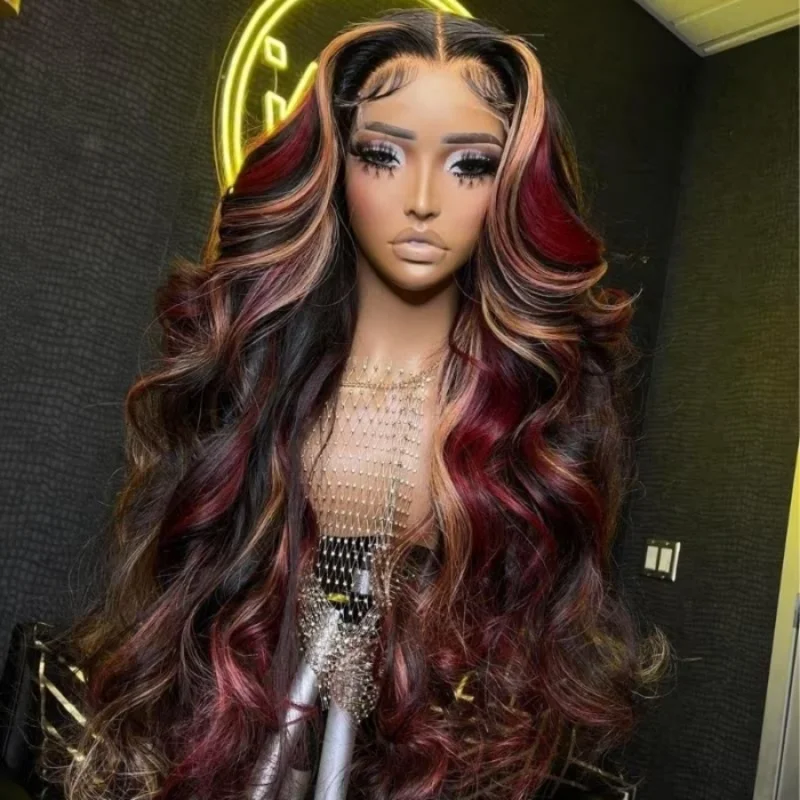 Colored wig in a vibrant pink color for a bold and eye - catching lookBlack with Red & Blonde Highlights Loose Body Lace Human Hair Wigs