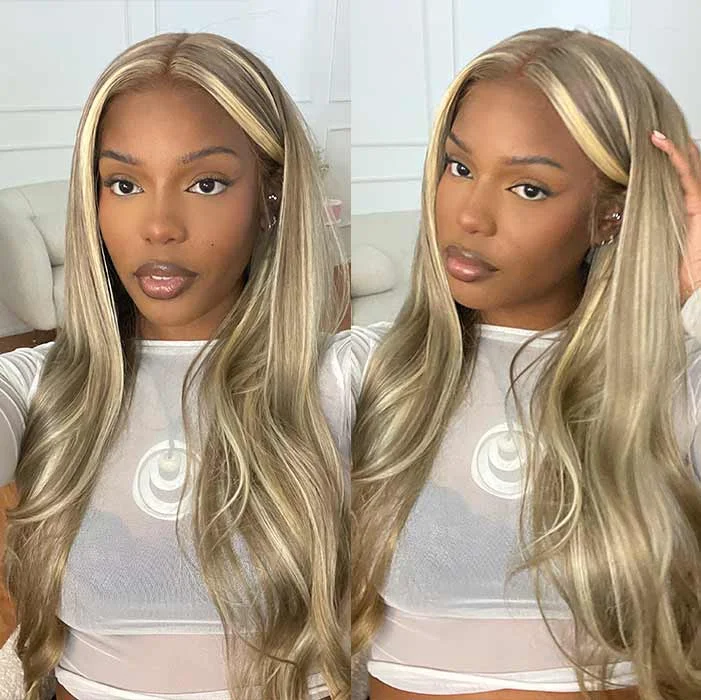 Human - hair wig with a wispy fringe for a soft and feminine lookExclusive Original-Blonde Balayage Transparent HD 13x4 Lace Frontal Wig Straight & Body Wave Human Hair