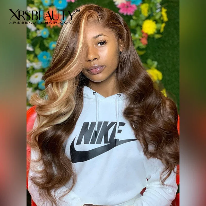 Colored wig with a side - part for a more flattering appearanceBlonde Skunk Stripe Hair Long Wavy Medium Brown Lace Front Wig [CFW71]