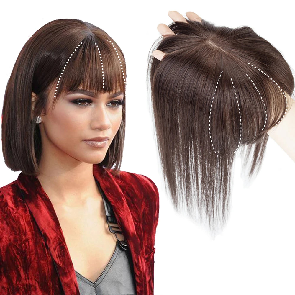 Adjustable - cap human - hair wig for a comfortable fitBrennas Hair Toppers For Women Straight Hair Extensions Clip In Human Hair Topper With Bangs Brown Silk Base Human Hair Topper