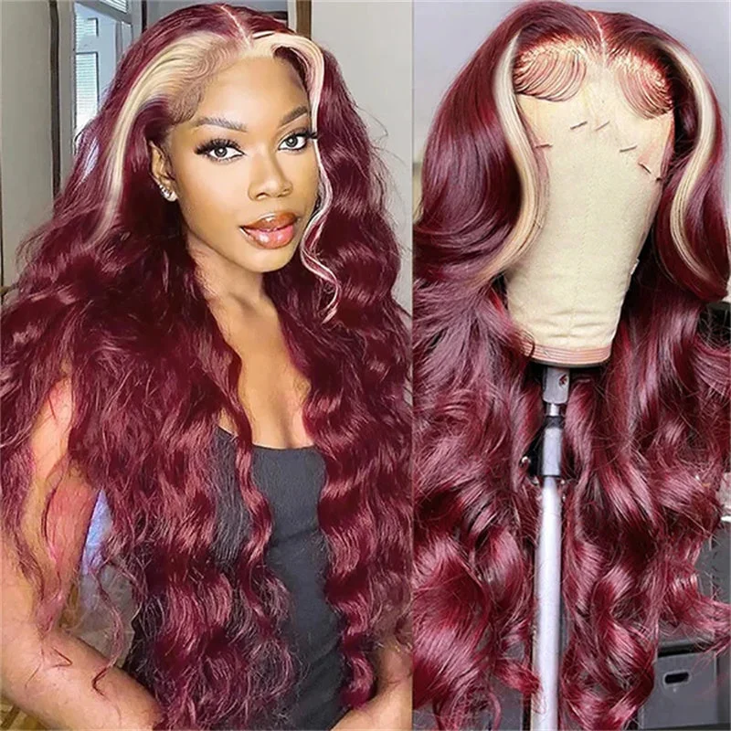 Colored wig with a red - orange hue for a warm and energetic lookBurgundy 99J Red Wig With 613 Blonde Skunk Stripe Human Hair Wigs 6x6 Body Wave Lace Closure Wig Colored Wigs Colored wig with a red - orange hue for a warm and energetic lookBurgundy 99J Red Wig With 613 Blonde Skunk Stripe Human Hair Wigs 6x6 Body Wave Lace Closure Wig Colored Wigs
