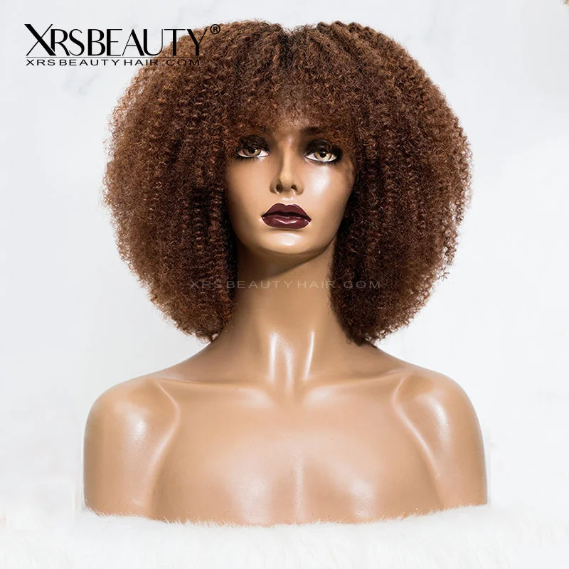 Adjustable - cap colored wig for a comfortable fitCaramel Brown Coily Bang Human Hair Lace Front Wigs [CFW82]