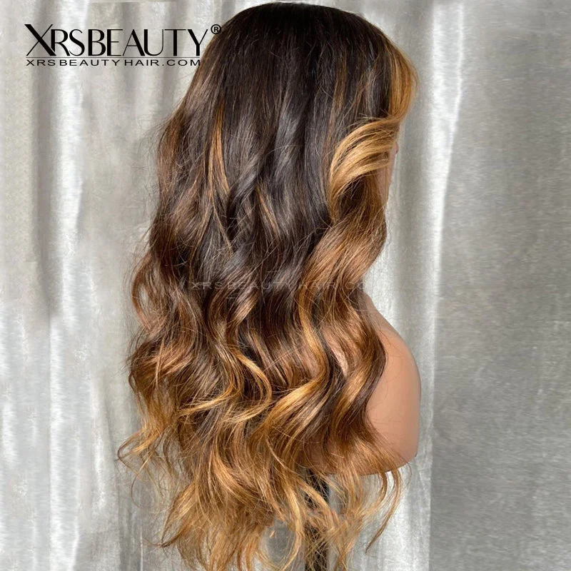 Synthetic colored wig with a heat - resistant formula for easy stylingCaramel Brown with Blonde Highlights Wavy Lace Front Wigs [CFW63]