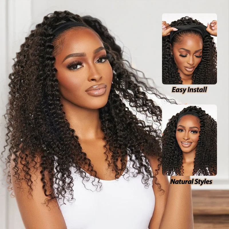 Human - hair wig with a silk - base cap for a comfortable and smooth feelDeep Curly Glueless Headband Wig 100% Virgin Human Hair Wig