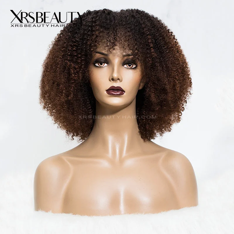Colored wig with a middle - part for a classic and elegant styleChocolate Brown Ombre Coily Bang Human Hair Lace Front Wigs [CFW83]