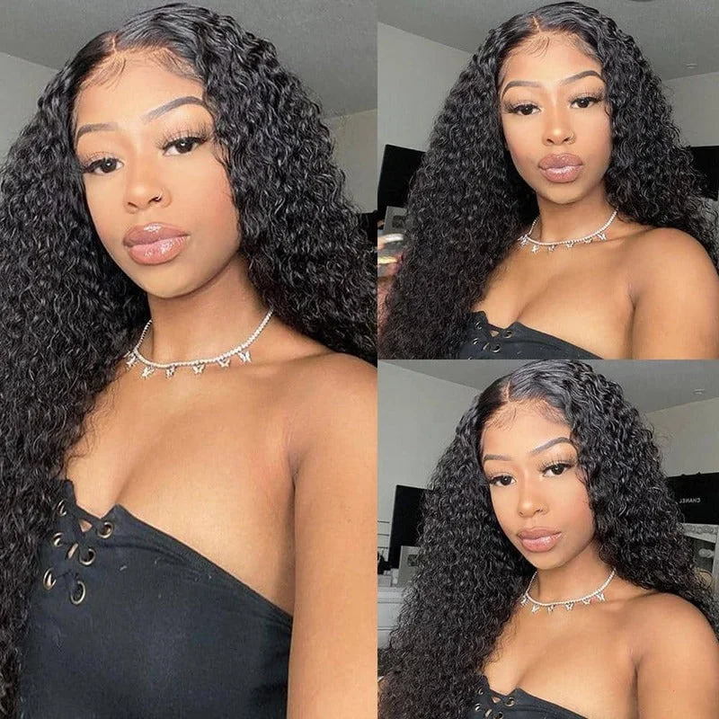 Human - hair wig with a wispy fringe for a soft and feminine lookDeep Curly 4x4 HD Transparent Lace Closure Wig 180% Density 100% Virgin Human Hair