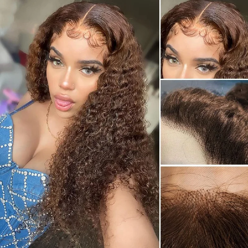 Lace wig with a middle - part for a classic and elegant styleDark Brown 13x4 Real HD Lace Frontal Wig Curly Wave Human Hair Wig For Black Women 180% Density Lace wig with a middle - part for a classic and elegant styleDark Brown 13x4 Real HD Lace Frontal Wig Curly Wave Human Hair Wig For Black Women 180% Density