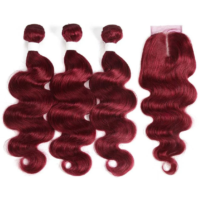 Colored wig with a side - swept bang for a sophisticated lookDark Red Burg body wave 4 Bundles With 4x4 Lace Closure 100% Real Human Hair Colored wig with a side - swept bang for a sophisticated lookDark Red Burg body wave 4 Bundles With 4x4 Lace Closure 100% Real Human Hair