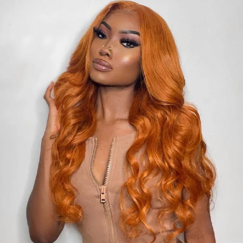 Lace wig with a curly texture for a bold and stylish choiceGinger Color Body Wave Hair 13×4 Pre Plucked Lace Frontal Wigs Human Hair Lace wig with a curly texture for a bold and stylish choiceGinger Color Body Wave Hair 13×4 Pre Plucked Lace Frontal Wigs Human Hair