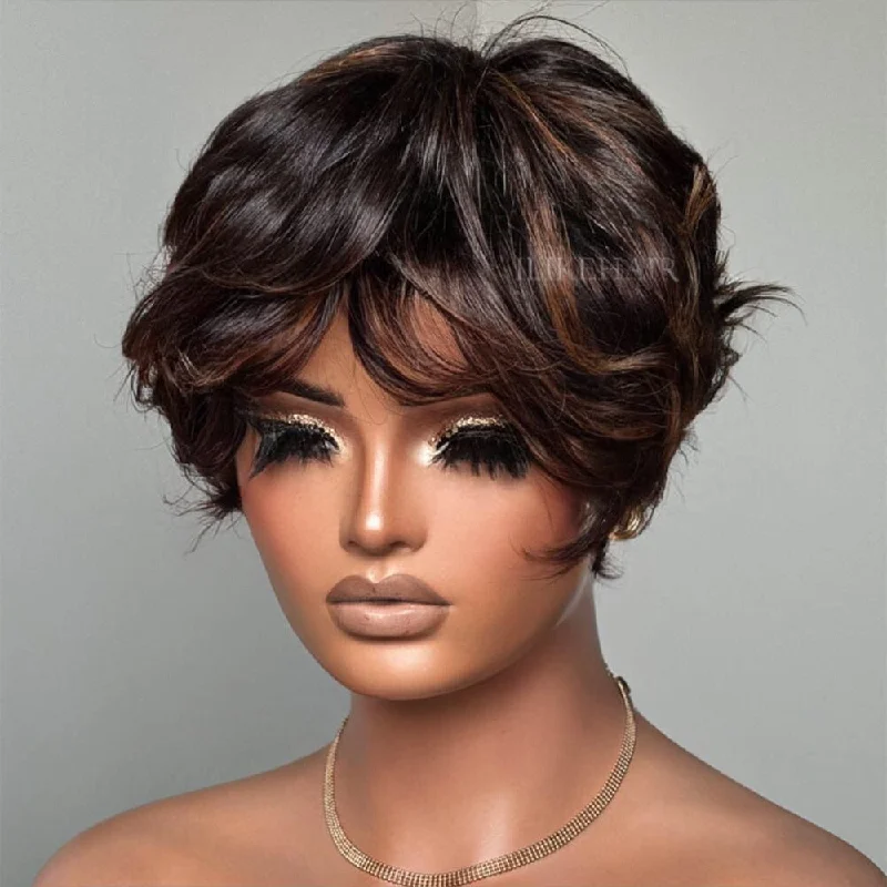 Colored wig with a blue - green ombre effect for a unique and trendy appearanceGlueless Brown Highlight Layered Pixie Cut Wig With Bangs Colored wig with a blue - green ombre effect for a unique and trendy appearanceGlueless Brown Highlight Layered Pixie Cut Wig With Bangs