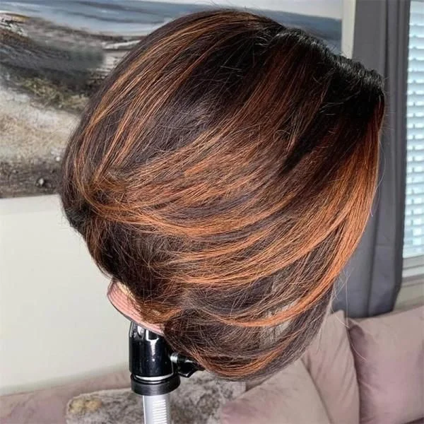 Lace wig with a side - part for a more flattering lookGlueless Short Pixie Cut Human Hair Lace Front Highlight Bob Wig