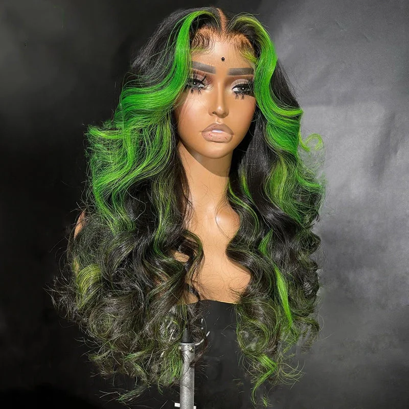 Brazilian - human - hair wig with a full and voluminous lookHighlight 13x4 Lace Frontal Green Body Wave Brazilian 100% Human Hair Wigs