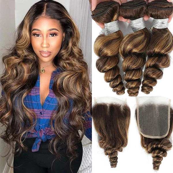 Colored wig with a middle - part for a classic and elegant styleHighlight P4/27 Loose Wave Bundles with 4X4 Closure 100% Real Human Hair Colored wig with a middle - part for a classic and elegant styleHighlight P4/27 Loose Wave Bundles with 4X4 Closure 100% Real Human Hair