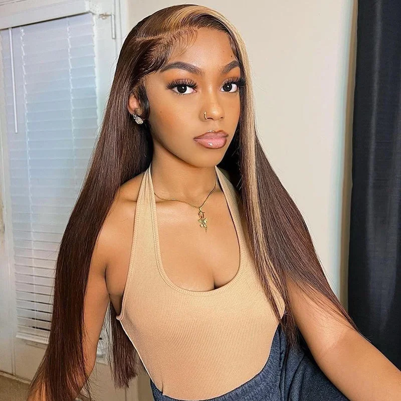 Colored wig with a wavy texture for a beachy and fun lookHoney Blonde & Brown Streaks Highlight Wigs Straight Lace Front Wig CheetahBeauty Colored Wigs Colored wig with a wavy texture for a beachy and fun lookHoney Blonde & Brown Streaks Highlight Wigs Straight Lace Front Wig CheetahBeauty Colored Wigs