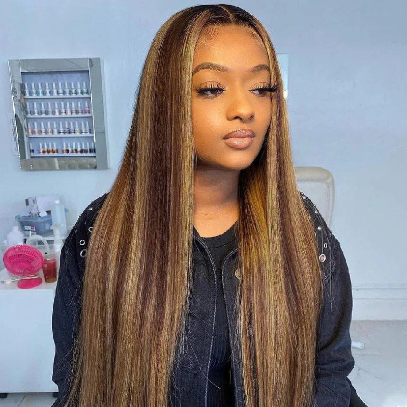 Synthetic lace wig with a heat - resistant formulaHoney Blonde P4/27 13x4 Straight Lace Front Wig Virgin Human Hair Synthetic lace wig with a heat - resistant formulaHoney Blonde P4/27 13x4 Straight Lace Front Wig Virgin Human Hair