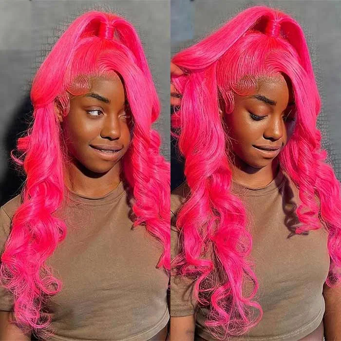 Human - hair wig with a side - swept bang for a sophisticated lookHot Pink 13x4 Body Wave Lace Frontal Remy Hair Closure Wig For Women