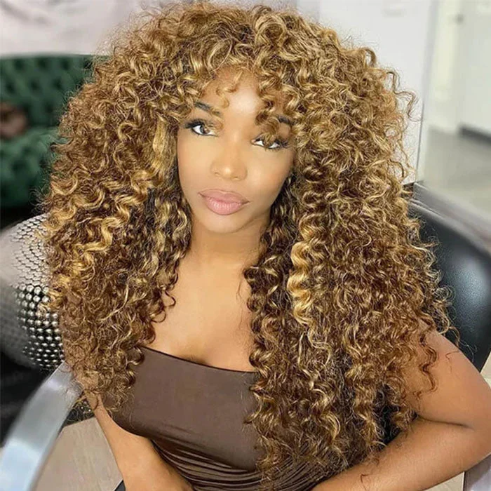 Colored wig with a side - swept bang for a sophisticated lookJerry Curly Wig with Bangs #P4/27 Honey Blond Highlight 13x4 HD Lcae Front Wigs Colored wig with a side - swept bang for a sophisticated lookJerry Curly Wig with Bangs #P4/27 Honey Blond Highlight 13x4 HD Lcae Front Wigs