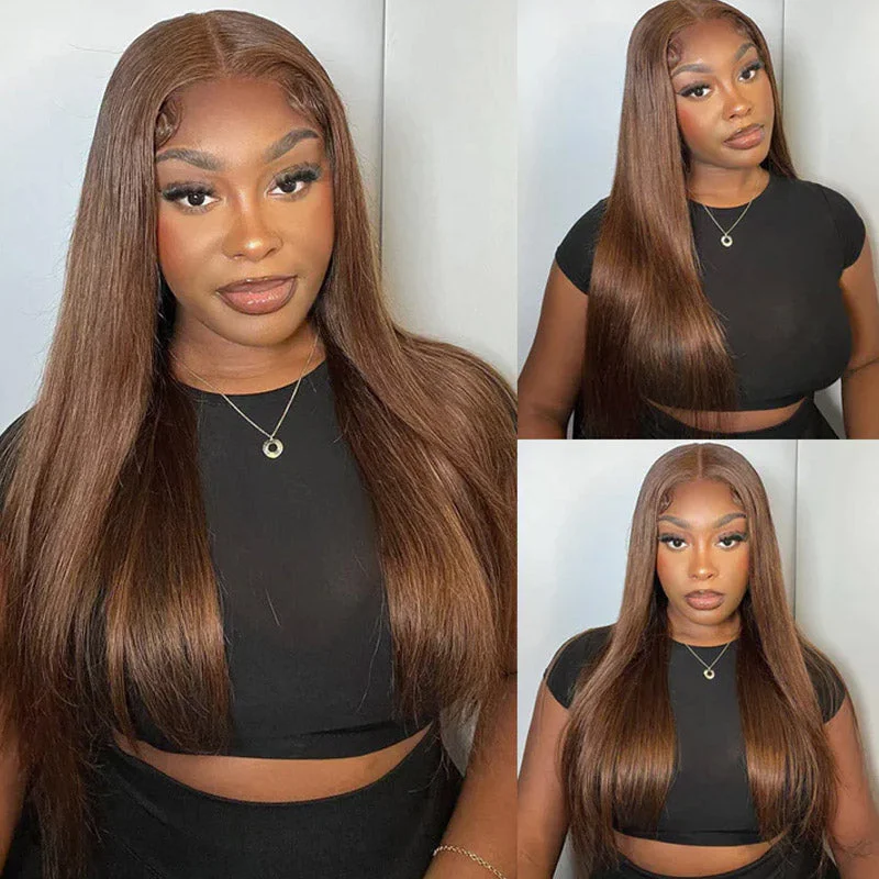 Colored wig with a silver - grey color for a trendy and cool - toned lookKnot Bleaching Glueless Wear & Go Wig Straight Hair 7x5/8x5 Pre Cut HD Lace Closure Wigs #4 Chocolate Brown Color