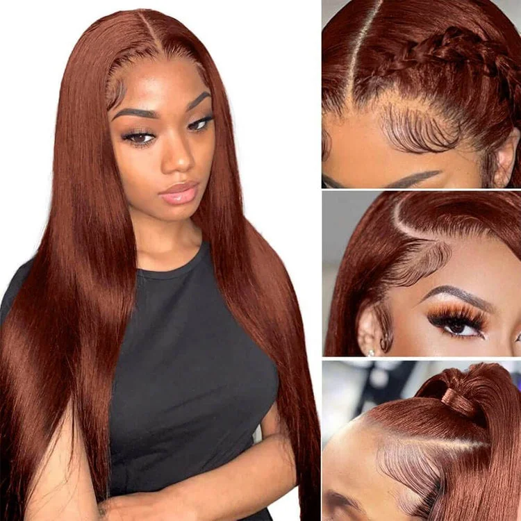 Colored wig with a wispy fringe for a soft and feminine lookLayer Straight Reddish Brown 13x4 Lace Frontal Wigs Colored wig with a wispy fringe for a soft and feminine lookLayer Straight Reddish Brown 13x4 Lace Frontal Wigs