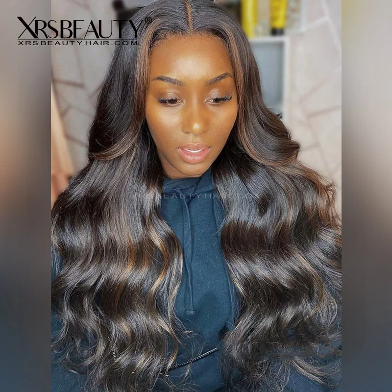 Colored wig with a pre - bleached knot for a natural - looking scalpLong Body Wave Black Hair with Brown Highlights Lace Front Wig [CFW64]