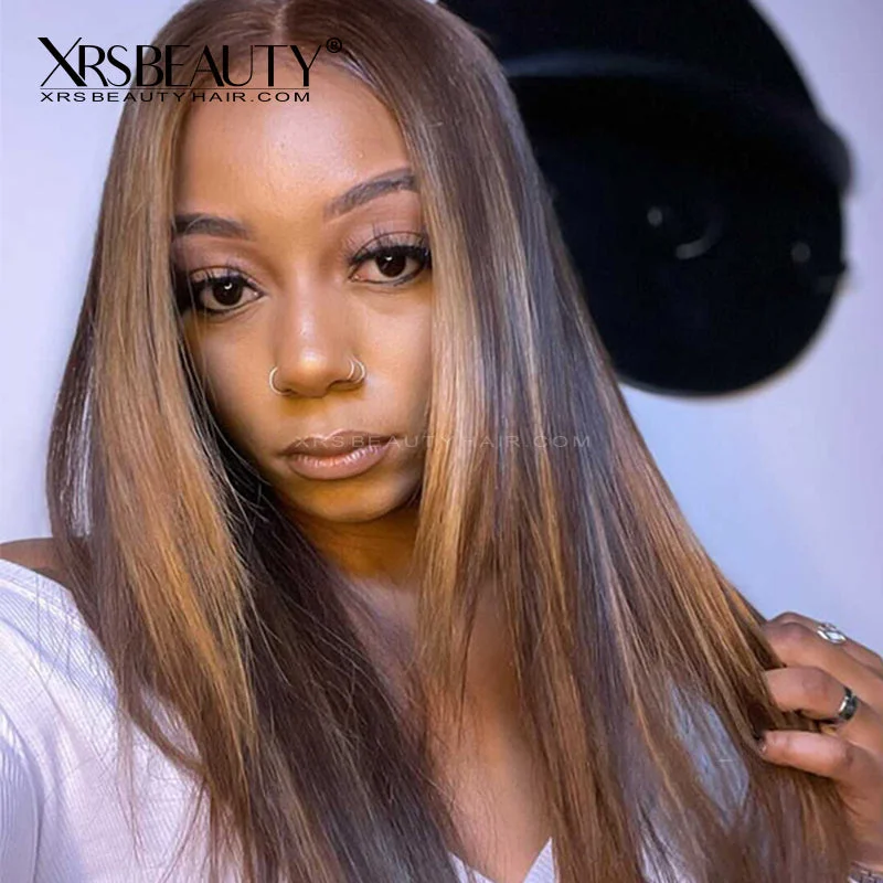 Colored wig with a pre - plucked hairline for a more natural lookLong Layered Straight Light Brown with Blonde Highlights Lace Front Wigs [CFW56]
