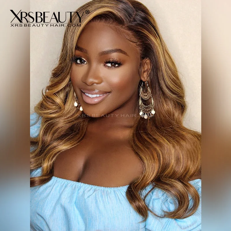 Colored wig in a vibrant pink color for a bold and eye - catching lookLong Wavy Brown Hair with Blonde Highlights Lace Front Wig [CFW67]