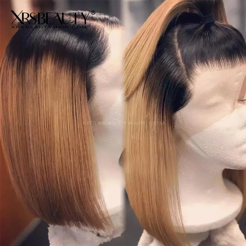 Colored wig with a pre - plucked hairline for a more natural look14'' Honey Blonde Ombre Human Hair Bob Lace Front Wig With Dark Roots [BOB12]